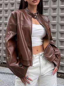 SHEIN LUNE CURVE Plus Size Women's Autumn/Winter Fashion Casual Elegant Comfortable Daily Going Out Teacher All-Match Versatile Brown PU Leather Jacket - Brown - View 3