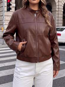 SHEIN LUNE CURVE Plus Size Women's Autumn/Winter Fashion Casual Elegant Comfortable Daily Going Out Teacher All-Match Versatile Brown PU Leather Jacket - Brown - View 7