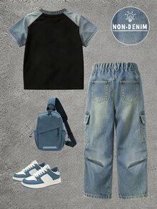 SHEIN 2件組小男孩復古風 67號極簡數位印花短袖T恤與寬腿工裝褲套裝，時尚休閒穿搭，適合四季，酷帥小男孩必備套裝 - 彩色 - 查看 2