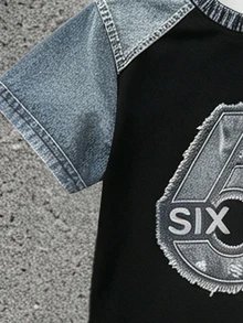 SHEIN 2件組小男孩復古風 67號極簡數位印花短袖T恤與寬腿工裝褲套裝，時尚休閒穿搭，適合四季，酷帥小男孩必備套裝 - 彩色 - 查看 4