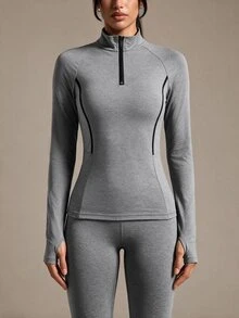 SHEIN Sports Color Block Trim Collar Fitted Sports Long Sleeve Sweatshirt - Grey - View 4
