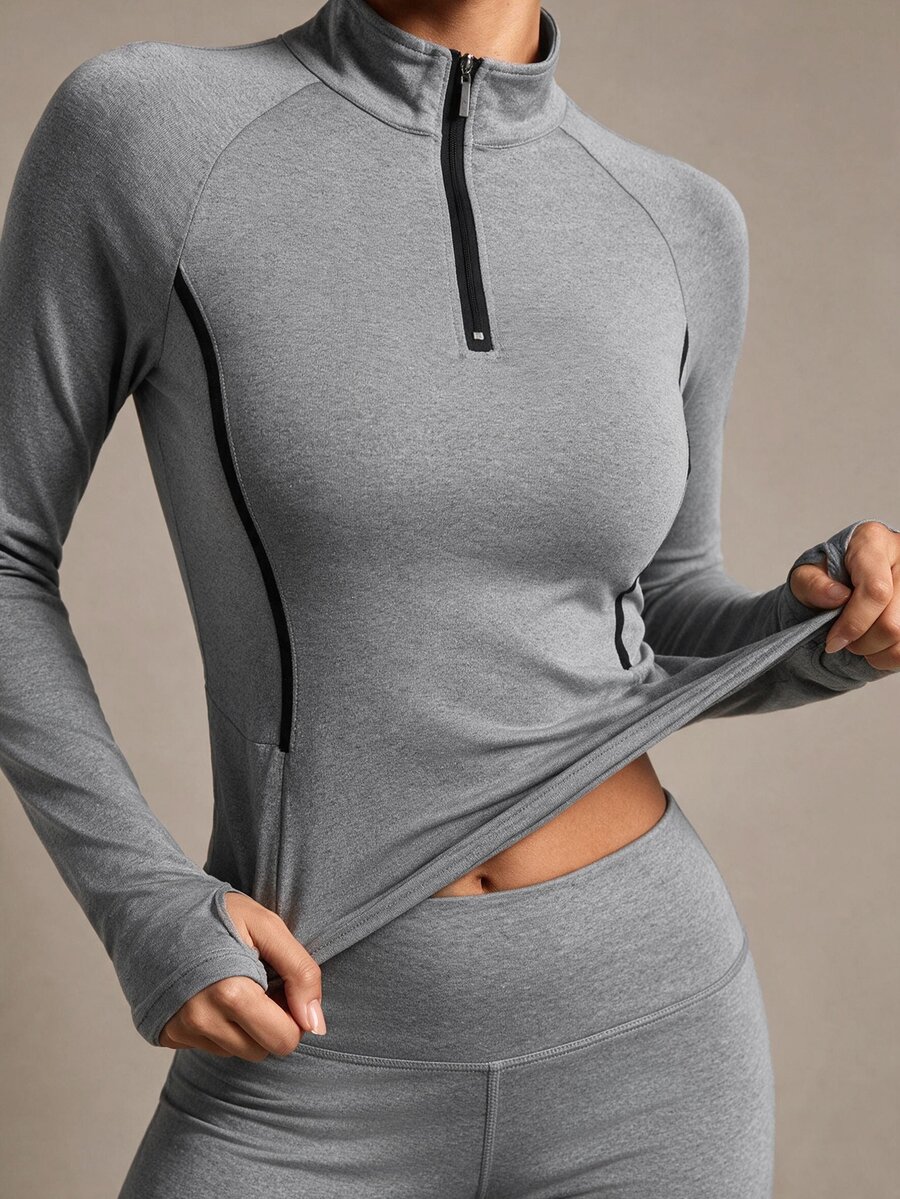 SHEIN Sports Color Block Trim Collar Fitted Sports Long Sleeve Sweatshirt - Grey - View 1
