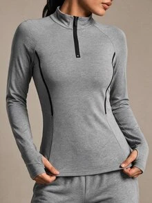 SHEIN Sports Color Block Trim Collar Fitted Sports Long Sleeve Sweatshirt - Grey - View 3