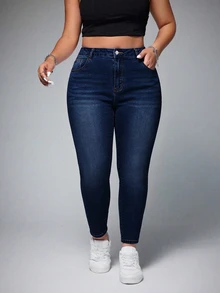 SHEIN ICON Celana Jeans Denim Skinny Kancing Serbaguna untuk Ukuran Plus - Dark Wash - View 6
