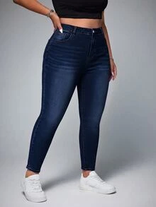 SHEIN ICON Celana Jeans Denim Skinny Kancing Serbaguna untuk Ukuran Plus - Dark Wash - View 1