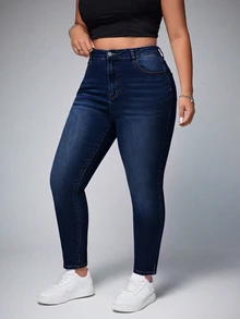 SHEIN ICON Celana Jeans Denim Skinny Kancing Serbaguna untuk Ukuran Plus - Dark Wash - View 5
