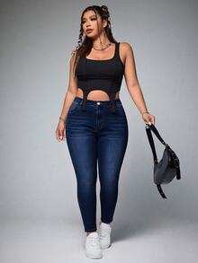 SHEIN ICON Celana Jeans Denim Skinny Kancing Serbaguna untuk Ukuran Plus - Dark Wash - View 4