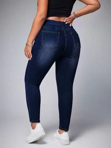 SHEIN ICON Celana Jeans Denim Skinny Kancing Serbaguna untuk Ukuran Plus - Dark Wash - View 2