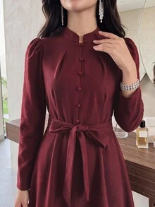 Feyla Women's Solid Color Waist Tie Casual Party Mid-Length Dress - Burgundy - View 5