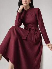 Feyla Women's Solid Color Waist Tie Casual Party Mid-Length Dress - Burgundy - View 2