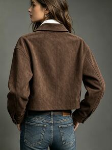 SHEIN Women Vintage Brown Faux Suede Zip Cropped Jacket With Double Pockets - Coffee Brown - View 2