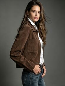 SHEIN Women Vintage Brown Faux Suede Zip Cropped Jacket With Double Pockets - Coffee Brown - View 4