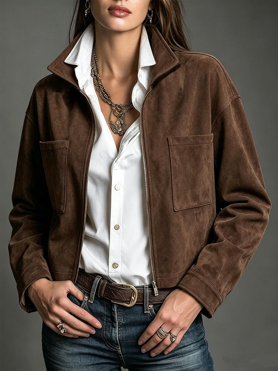 SHEIN Women Vintage Brown Faux Suede Zip Cropped Jacket With Double Pockets - Coffee Brown - View 1