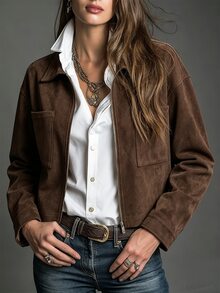 SHEIN Women Vintage Brown Faux Suede Zip Cropped Jacket With Double Pockets - Coffee Brown - View 1