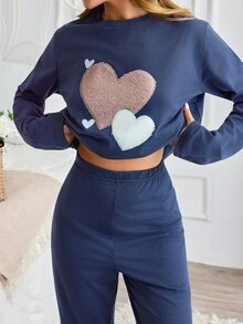 SHEIN Cottnline Plus Size Women's Cotton 2 Pieces Contrast Heart Long Sleeve Top & Pants Pajama Set - Navy Blue - View 8