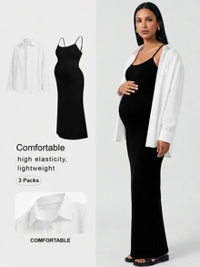 Modmama 孕婦優雅休閒細肩帶魚尾洋裝搭配鈕扣長袖開襟衫兩件套 秋季 - 黑與白 - 查看 9