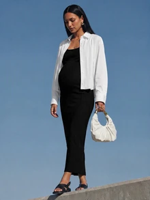 Modmama 孕婦優雅休閒細肩帶魚尾洋裝搭配鈕扣長袖開襟衫兩件套 秋季 - 黑與白 - 查看 14