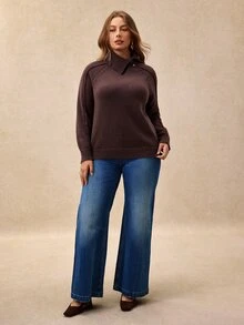 Écloséra Curve Plus Size Women Asymmetrical One Button French Lapel Asymmetric Button Raglan Sleeve Pullover Knit Sweater Brown Casual Baggy Autumn Top Formal Home Wear - Chocolate Brown - View 6