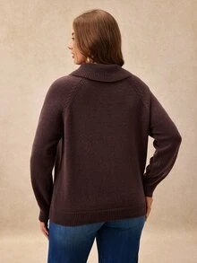 Écloséra Curve Plus Size Women Asymmetrical One Button French Lapel Asymmetric Button Raglan Sleeve Pullover Knit Sweater Brown Casual Baggy Autumn Top Formal Home Wear - Chocolate Brown - View 3