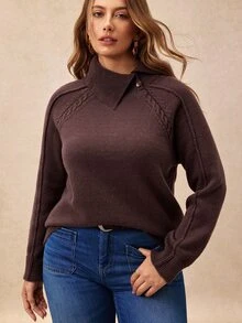 Écloséra Curve Plus Size Women Asymmetrical One Button French Lapel Asymmetric Button Raglan Sleeve Pullover Knit Sweater Brown Casual Baggy Autumn Top Formal Home Wear - Chocolate Brown - View 5