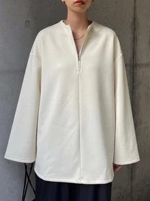 FRIFUL 女款純色圓領半拉鍊休閒寬鬆日常百搭長袖T恤 - 米色 - 查看 5