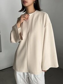 FRIFUL 女款純色圓領半拉鍊休閒寬鬆日常百搭長袖T恤 - 米色 - 查看 8
