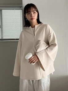 FRIFUL 女款純色圓領半拉鍊休閒寬鬆日常百搭長袖T恤 - 米色 - 查看 9