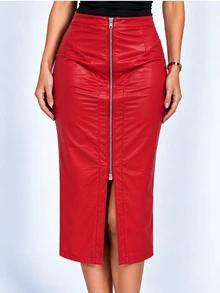 Zerodot Women Red Faux Leather Front Zip Fitted Bodycon Skirt Casual Daily Spring Fall - Red - View 4