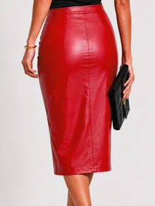 Zerodot Women Red Faux Leather Front Zip Fitted Bodycon Skirt Casual Daily Spring Fall - Red - View 2