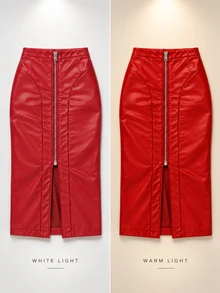 Zerodot Women Red Faux Leather Front Zip Fitted Bodycon Skirt Casual Daily Spring Fall - Red - View 8