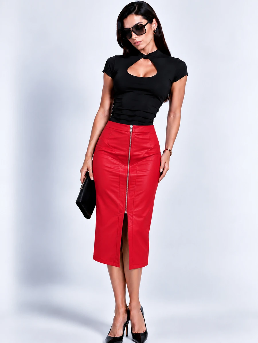 Zerodot Rok Bodycon Wanita Warna Merah Kulit Imitasi dengan Resleting Depan, Model Kasual untuk Sehari-hari di Musim Semi dan Gugur - Merah - View 1