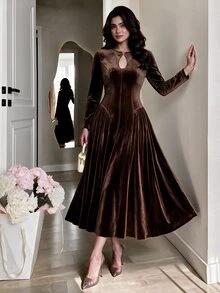 NOVVYNE Women Velvet Keyhole Neck Long Sleeve Midi Dress Gold Decor Button Fitted Waist Flared Hem Quiet Luxury Fall Evening Party Dress - Coffee Brown - View 8