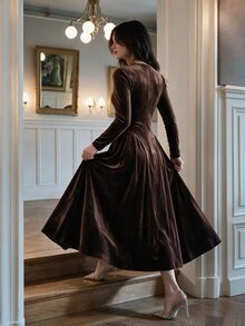 NOVVYNE Women Velvet Keyhole Neck Long Sleeve Midi Dress Gold Decor Button Fitted Waist Flared Hem Quiet Luxury Fall Evening Party Dress - Coffee Brown - View 2