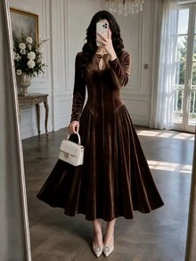 NOVVYNE Women Velvet Keyhole Neck Long Sleeve Midi Dress Gold Decor Button Fitted Waist Flared Hem Quiet Luxury Fall Evening Party Dress - Coffee Brown - View 3