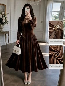 NOVVYNE Women Velvet Keyhole Neck Long Sleeve Midi Dress Gold Decor Button Fitted Waist Flared Hem Quiet Luxury Fall Evening Party Dress - Coffee Brown - View 5