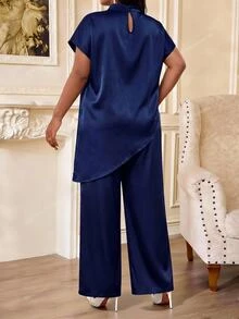 SHEIN Lady Plus Size Women Tops Party Wedding Guest Formal Navy Blue Spring Elegant - Navy Blue - View 2