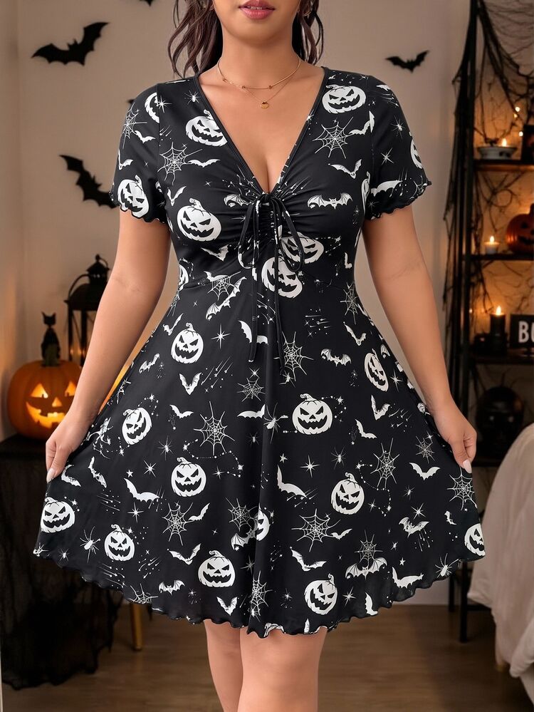 SHEIN EZwear Plus Size Everyday Casual Pumpkin Print Pleated Halloween Costume Dress - Black and White - View 5