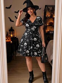 SHEIN EZwear Plus Size Everyday Casual Pumpkin Print Pleated Halloween Costume Dress - Black and White - View 3