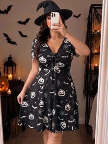 SHEIN EZwear Plus Size Everyday Casual Pumpkin Print Pleated Halloween Costume Dress - Black and White - View 1