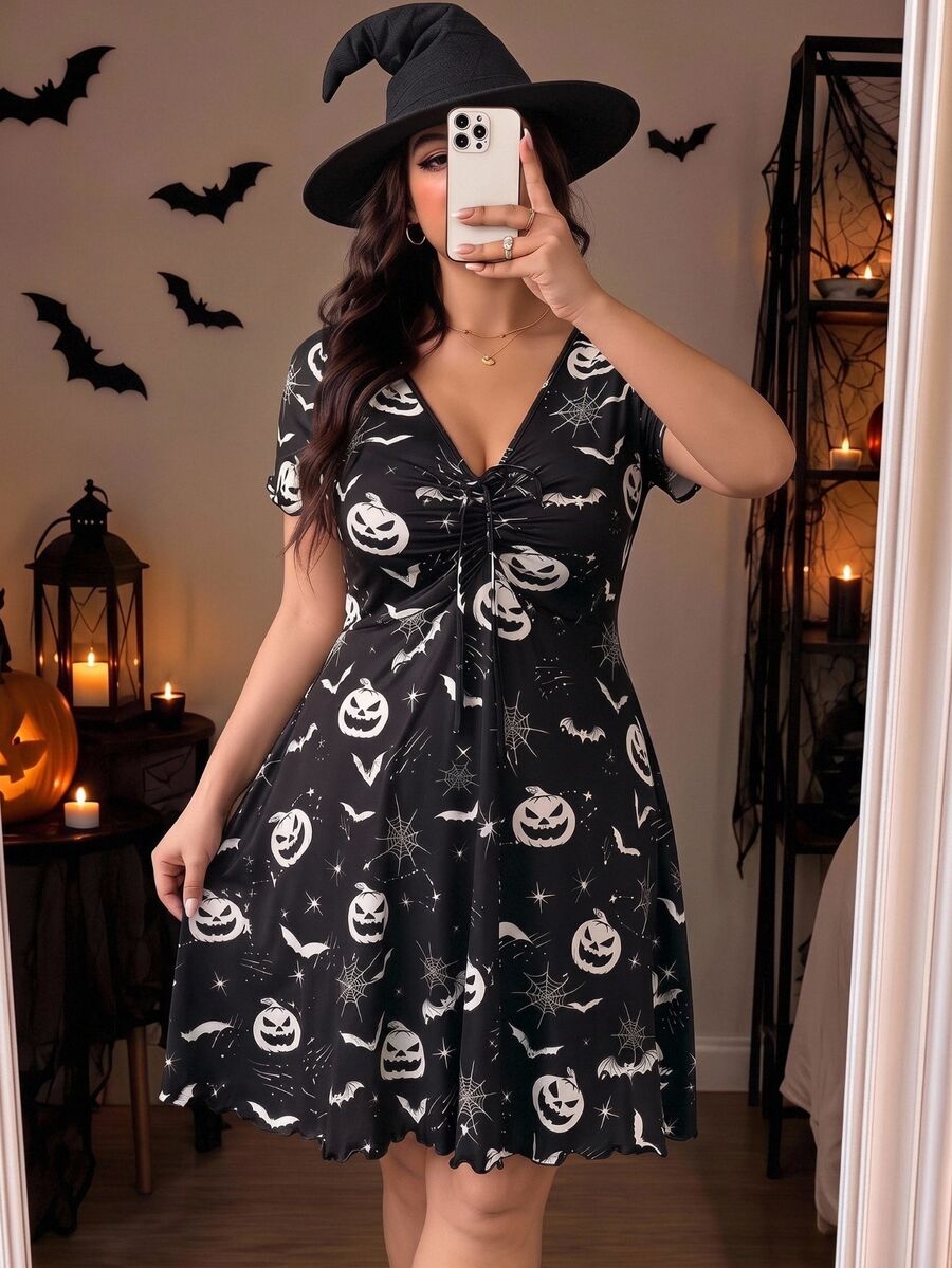 SHEIN EZwear Plus Size Everyday Casual Pumpkin Print Pleated Halloween Costume Dress - Black and White - View 1