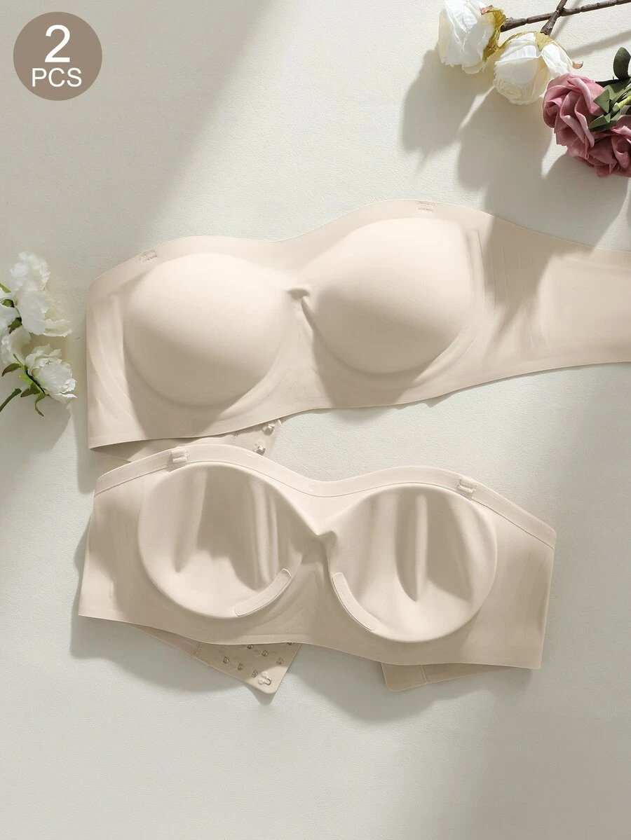 SHEIN 2 buah Bra Bandeau Wanita Warna Polos Tanpa Jahitan dengan Perekat Jelly dan Lapisan Dalam yang Tidak Dapat Dilepas