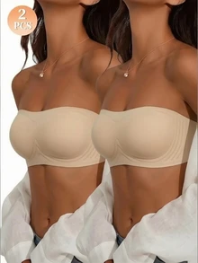 SHEIN 2 buah Bra Bandeau Wanita Warna Polos Tanpa Jahitan dengan Perekat Jelly dan Lapisan Dalam yang Tidak Dapat Dilepas - Aprikot - View 5