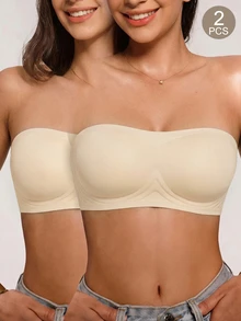 SHEIN 2 buah Bra Bandeau Wanita Warna Polos Tanpa Jahitan dengan Perekat Jelly dan Lapisan Dalam yang Tidak Dapat Dilepas - Aprikot - View 3