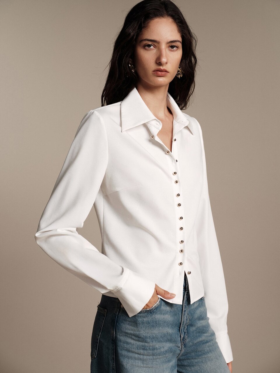 Anewsta Essential Women's Elegant Slim Fit Versatile Luxury Design Fashion High-End Long Sleeve Cinched Waist Blouse