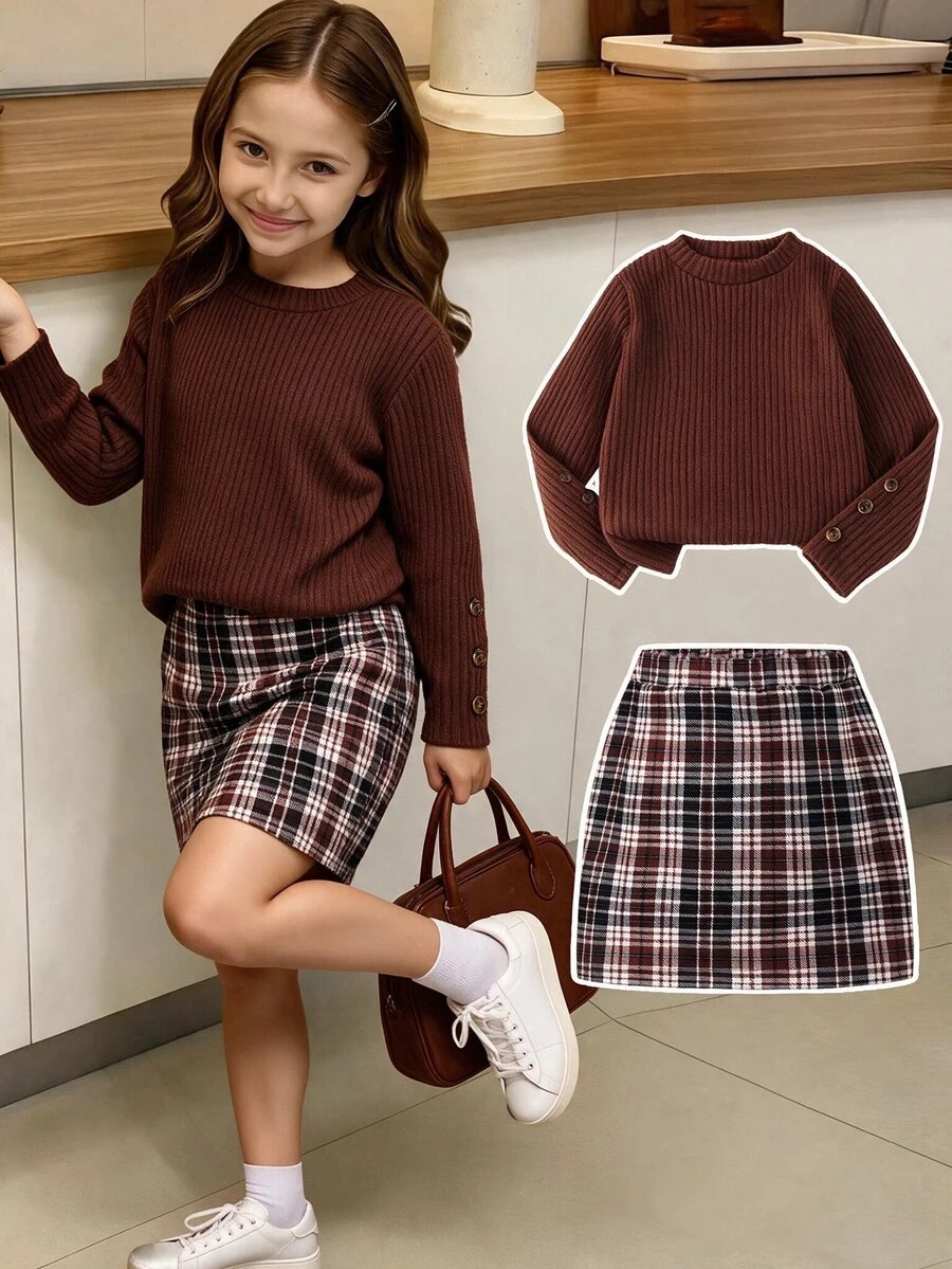 Elladie kids Young Girls Aesthetic Preppy Clothing Suit, Textured Long Sleeve Tee Top And Coordinated Button Skirt 2Pcs Matching Set - Brown - View 1