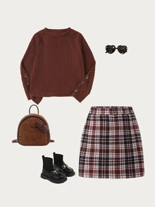 Elladie kids Young Girls Aesthetic Preppy Clothing Suit, Textured Long Sleeve Tee Top And Coordinated Button Skirt 2Pcs Matching Set - Brown - View 4