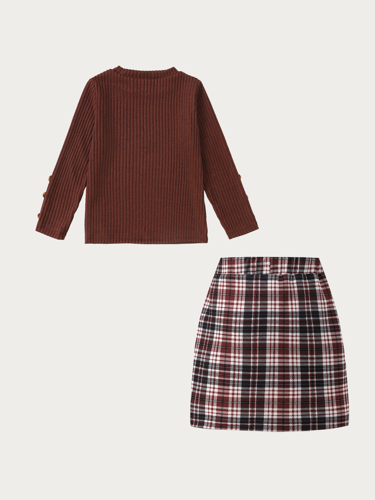 Elladie kids Young Girls Aesthetic Preppy Clothing Suit, Textured Long Sleeve Tee Top And Coordinated Button Skirt 2Pcs Matching Set - Brown - View 2