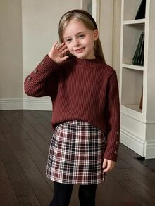 Elladie kids Young Girls Aesthetic Preppy Clothing Suit, Textured Long Sleeve Tee Top And Coordinated Button Skirt 2Pcs Matching Set - Brown - View 3