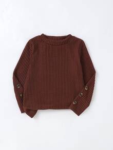 Elladie kids Young Girls Aesthetic Preppy Clothing Suit, Textured Long Sleeve Tee Top And Coordinated Button Skirt 2Pcs Matching Set - Brown - View 5