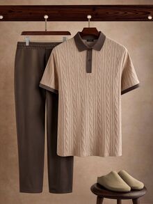 Manfinity CasualCool 男士夏季休閒 Polo 衫與短褲套裝 - 卡其色 - 查看 5